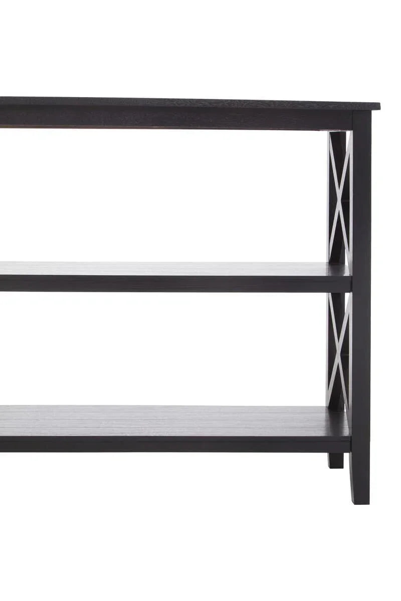 Black wooden shelving unit with two shelves and X-frame side detail, side view