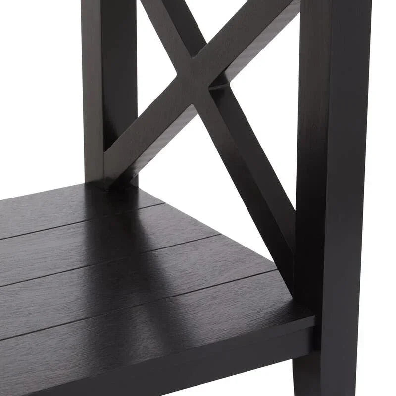 Black wooden shelving unit with X-frame side detail and slatted lower shelf