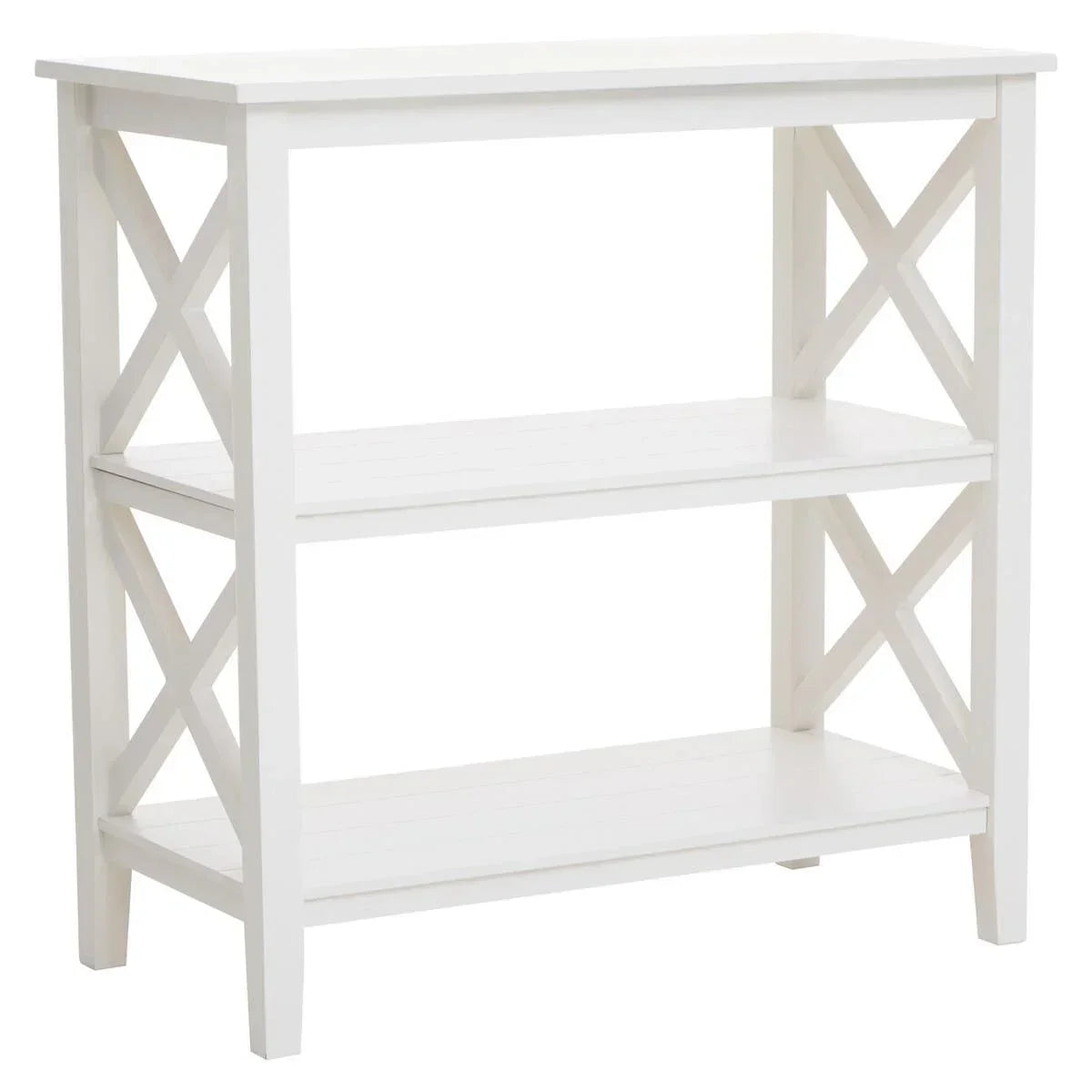 White wooden console table with open shelves and cross side panels