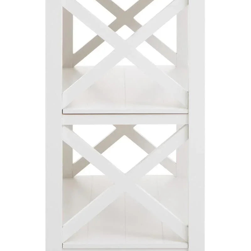 White side table with X-frame shelves and clean lines, shown from the side angle