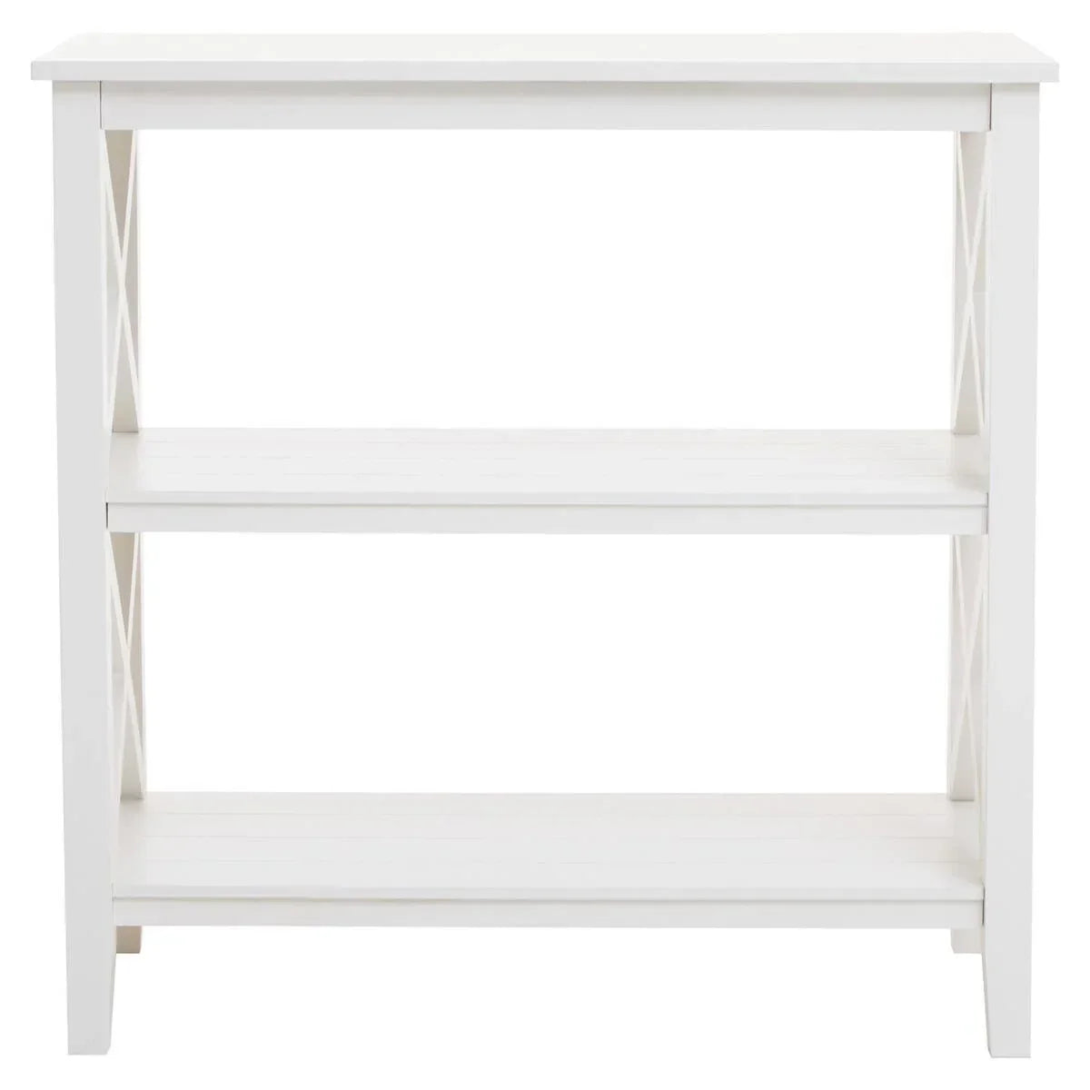 White wooden console table with three shelves and X side detail, front view