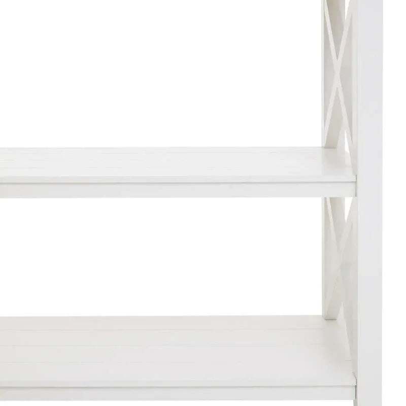 White wooden console table with open shelves and cross side detail