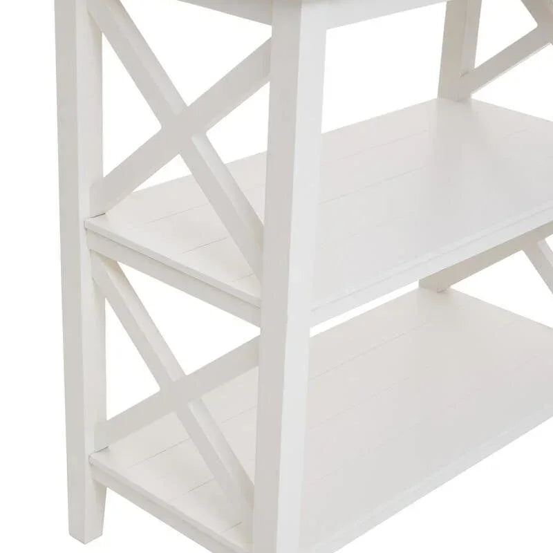 White wooden console table with two lower shelves and cross side detail