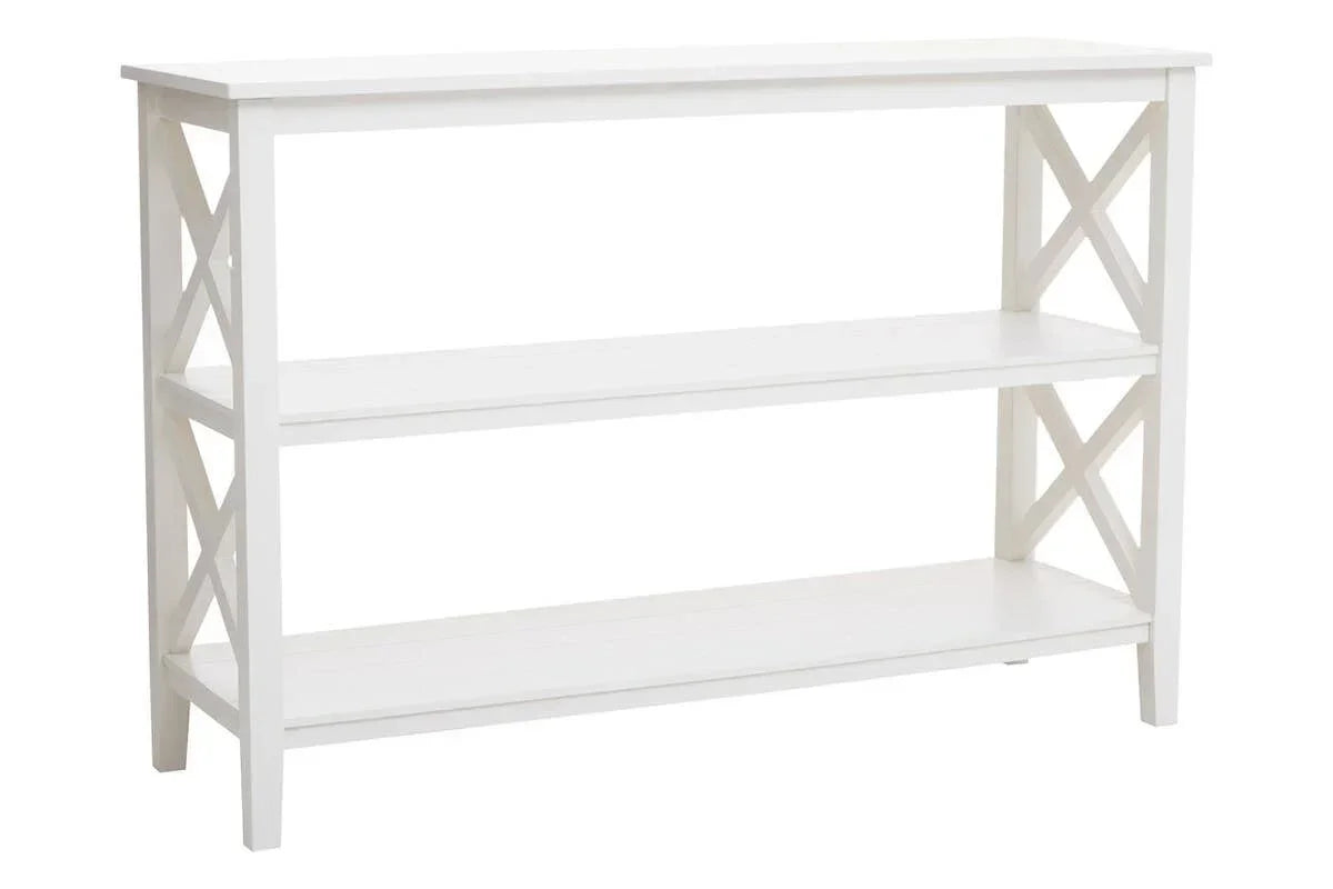 White wooden console table with three shelves and cross side design