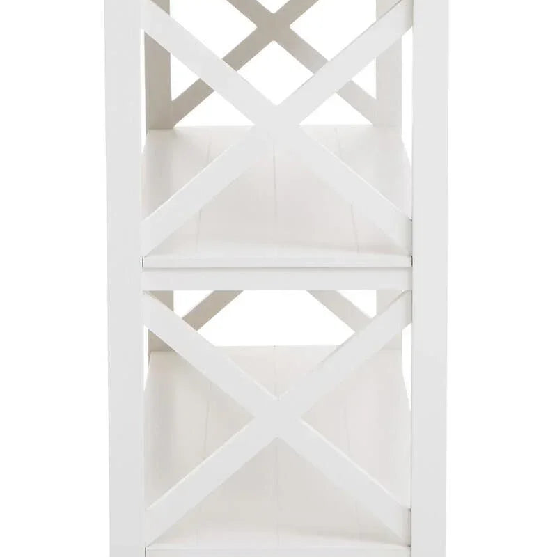 White wooden side table with two shelves and cross design sides, front angle view