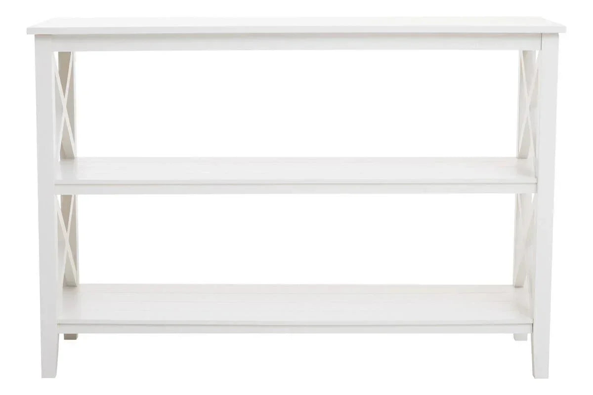 White wooden console table with two open shelves and X side detail