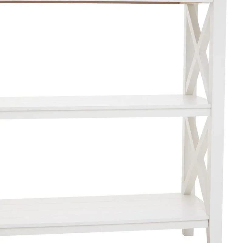 White wooden console table with two shelves and X side design, front angle view