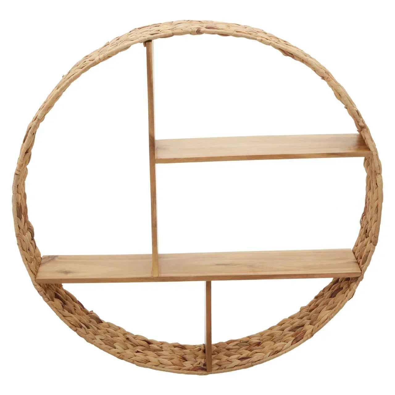 Round wicker wall shelf with wooden shelves and natural rattan frame