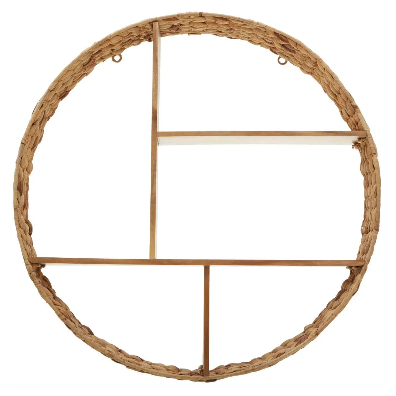 Round wicker wall shelf with wooden dividers and natural woven frame