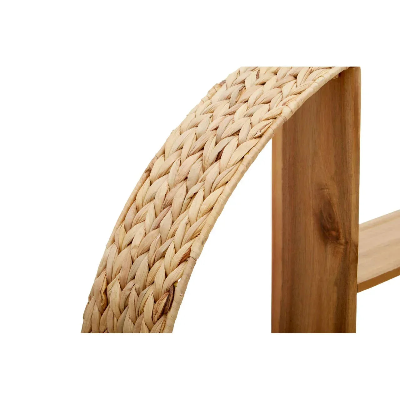 Closeup of natural woven rattan armrest on wooden furniture frame