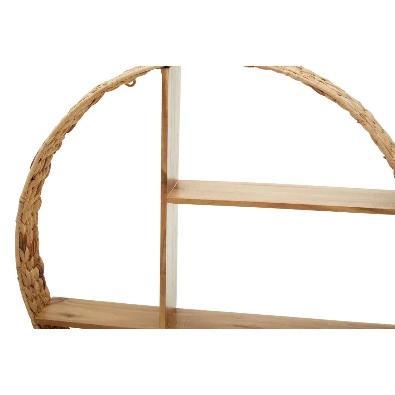 Closeup of circular wooden wall shelf with woven rattan edge and three shelves