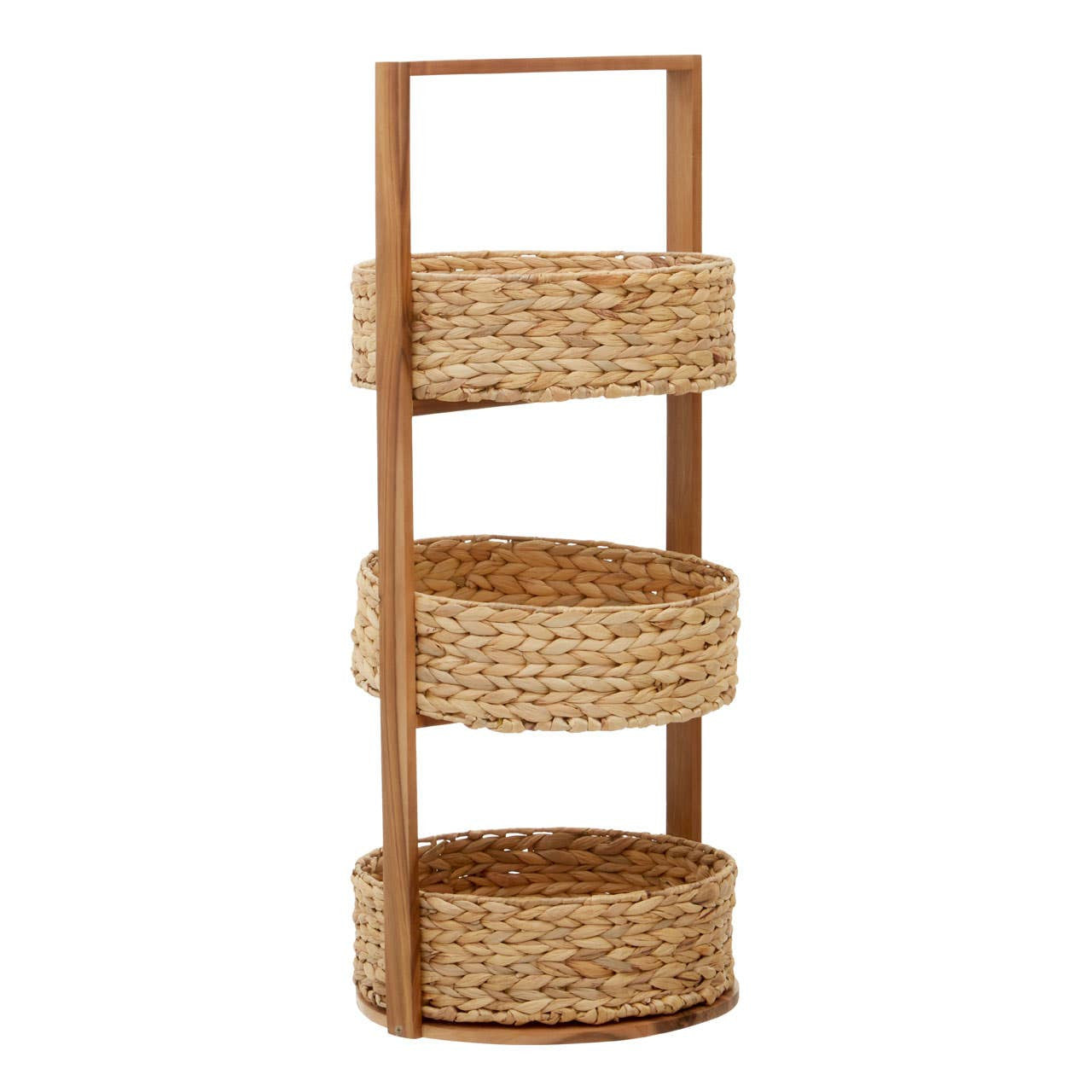 Three-tier storage caddy made from water hyacinth with a natural finish, featuring a sturdy wooden frame and three woven baskets for organizing items. The caddy has a handle at the top for easy mobility