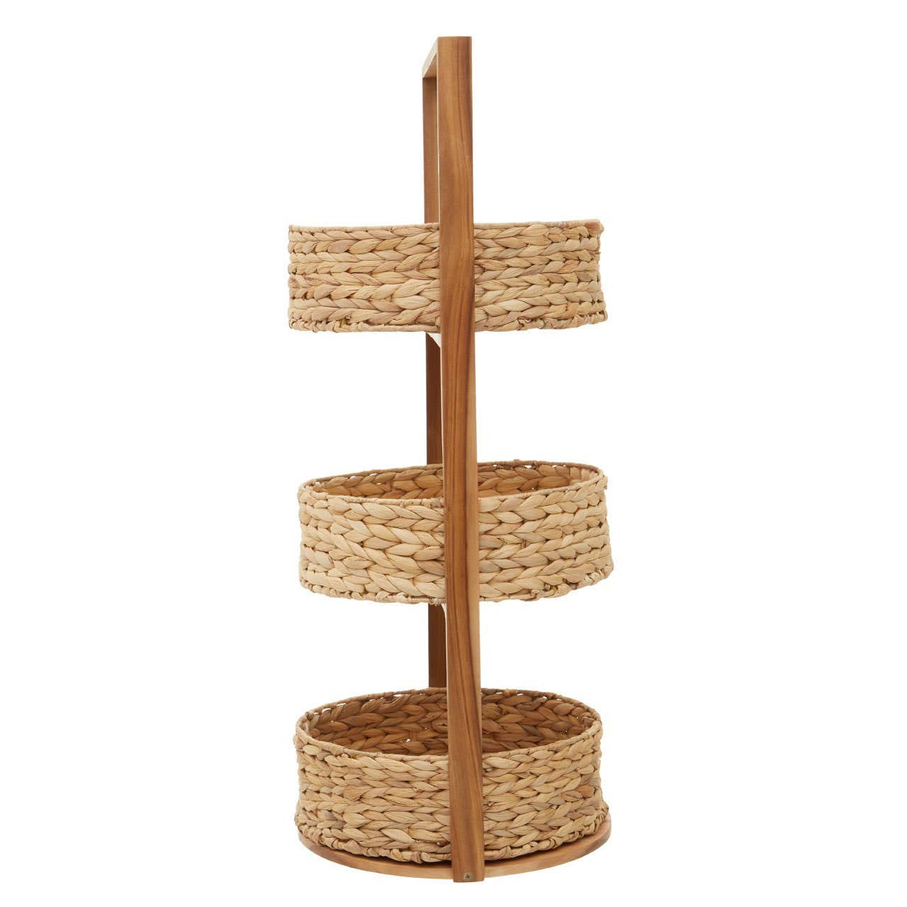 Three-tier storage caddy made from water hyacinth with a natural wood frame. Each tier features a round woven basket design, providing a stylish and functional storage solution. The caddy stands upright with a sturdy base and a handle for easy mobility