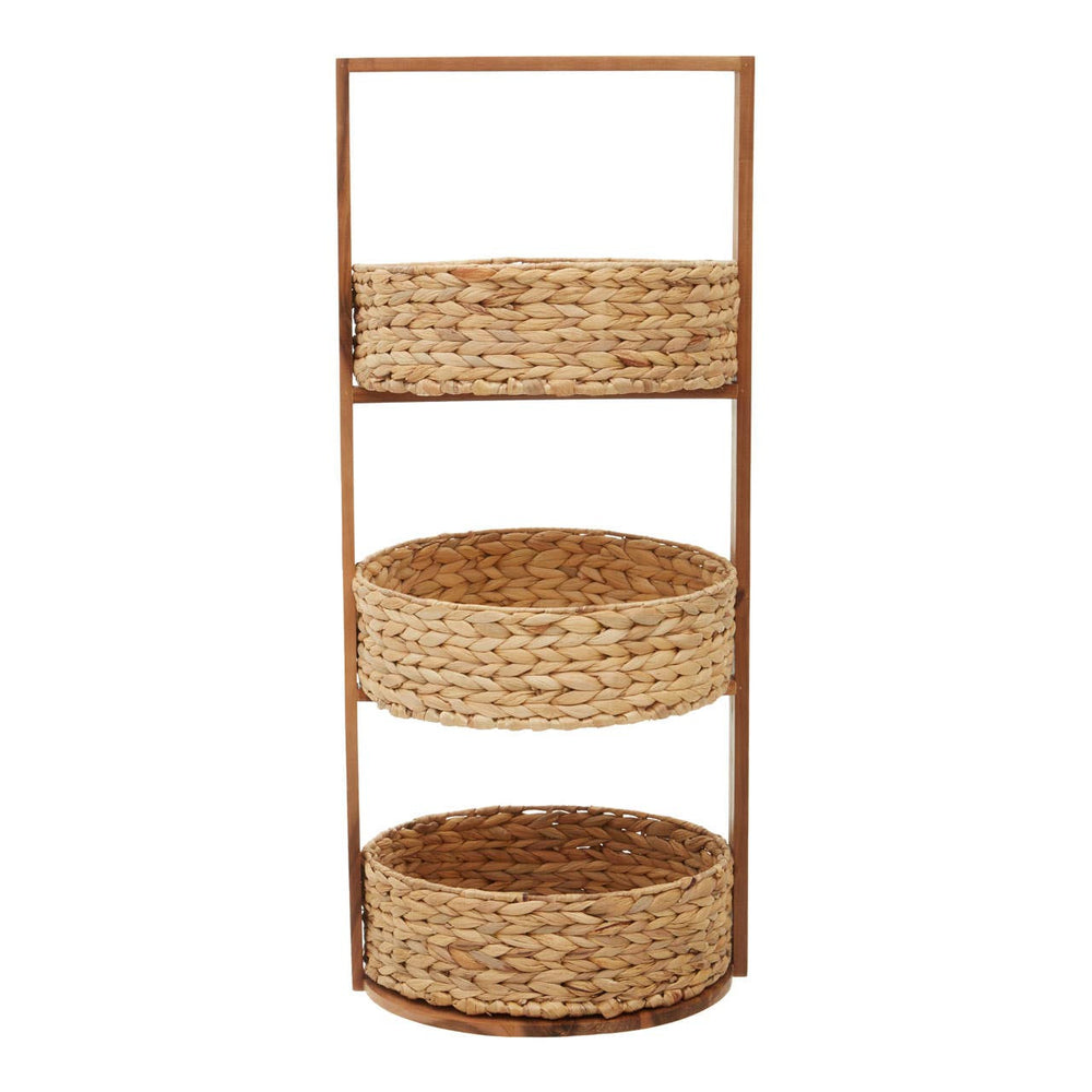Three-tier storage caddy made of water hyacinth with a natural woven texture, featuring three circular baskets stacked vertically on a wooden frame. The caddy has an open design, allowing easy access to items stored in each basket