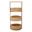 Three-tier storage caddy made of water hyacinth with a natural woven texture, featuring three circular baskets stacked vertically on a wooden frame. The caddy has an open design, allowing easy access to items stored in each basket