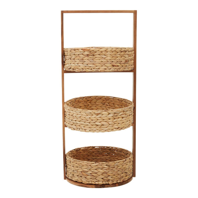 Three-tier storage caddy made of water hyacinth with a natural woven texture, featuring three circular baskets stacked vertically on a wooden frame. The caddy has an open design, allowing easy access to items stored in each basket