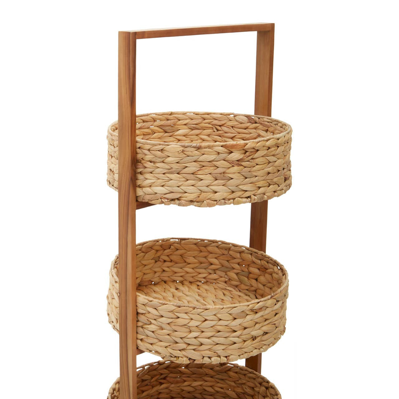 Three-tier storage caddy featuring round woven baskets made from water hyacinth, supported by a wooden frame with a handle for easy transport. The natural tones of the baskets and the light wood create a warm, organic look suitable for home decor