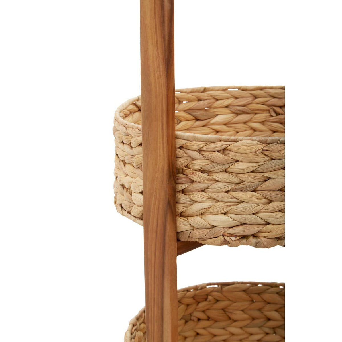 Three-tier storage caddy made from water hyacinth with a natural wood frame, featuring woven baskets that provide a rustic and stylish storage solution