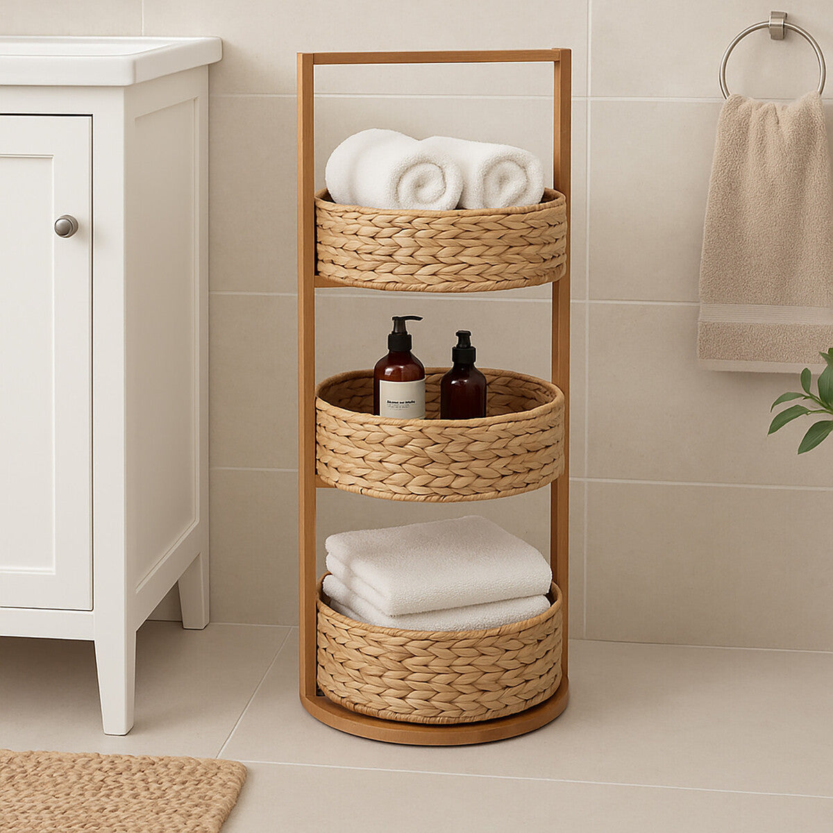 Three-tier storage caddy made of water hyacinth with a natural wood frame, featuring three woven baskets. The top basket holds neatly rolled white towels, while the middle and bottom baskets contain dark bottles and additional towels. The caddy is positioned next to a white cabinet against a light-colored wall