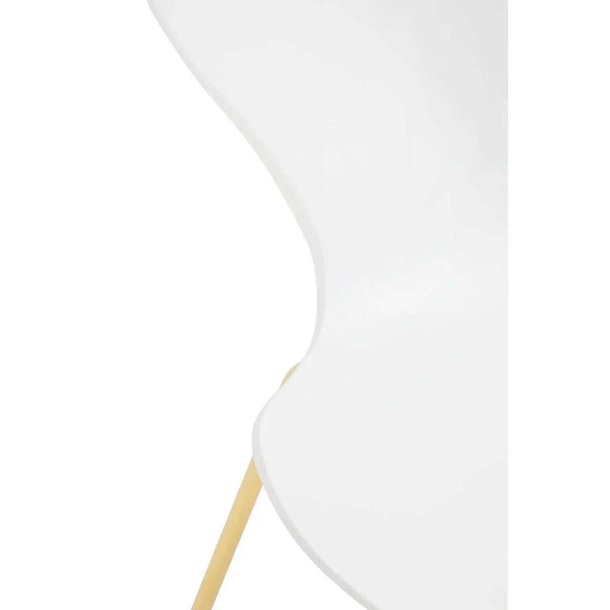 Closeup of white dining chair with curved seat and light wood leg