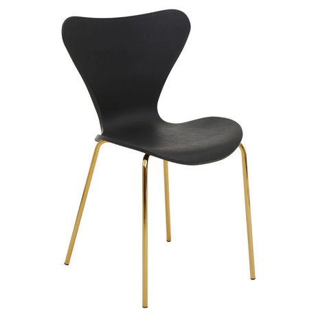 Black dining chair with curved seat and gold metal legs on white background