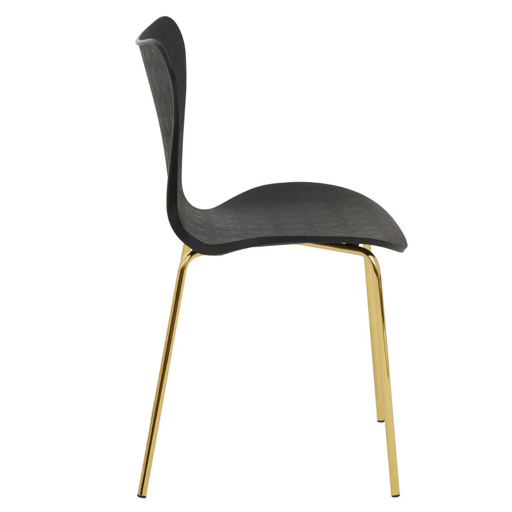 Black dining chair with curved seat and gold metal legs side view