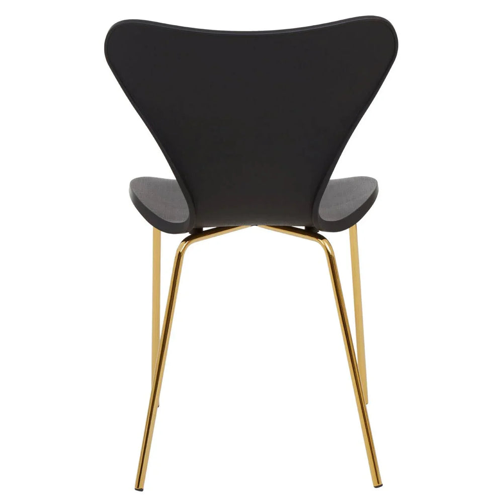 Black dining chair with curved back and gold metal legs, rear angle view