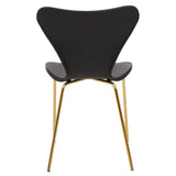 Black dining chair with curved back and gold metal legs, rear angle view