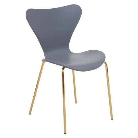 Grey dining chair with curved backrest and gold metal legs on white background