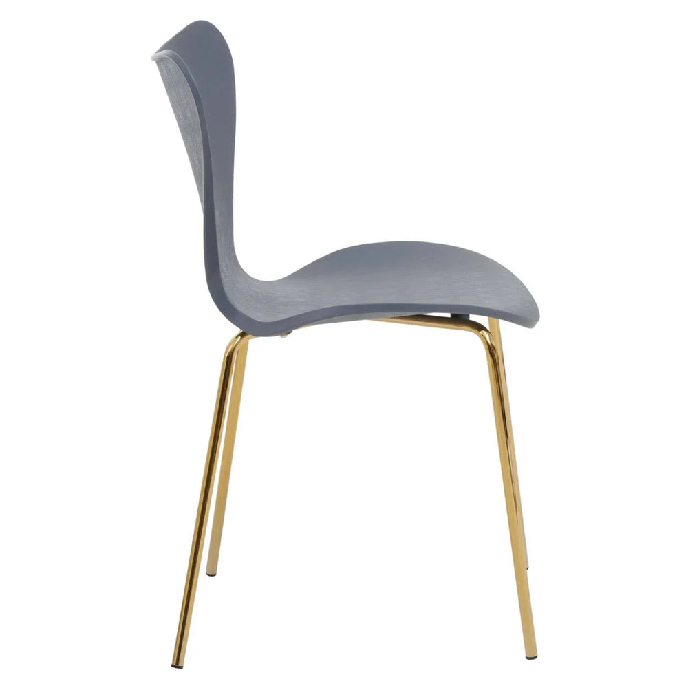 Grey dining chair with curved seat and gold metal legs, side profile view