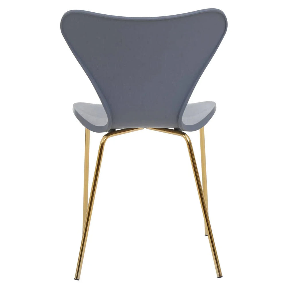 Grey dining chair with curved backrest and gold metal legs, rear view