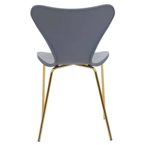 Grey dining chair with curved backrest and gold metal legs, rear view