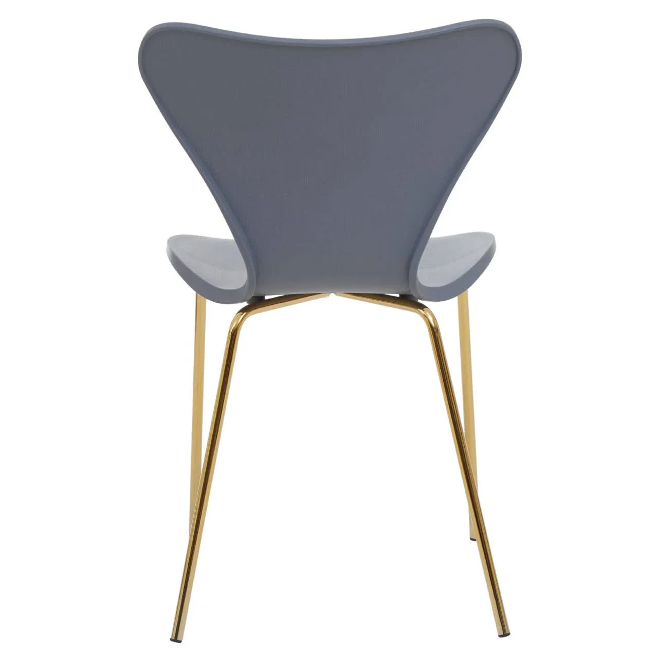 Grey dining chair with curved backrest and gold metal legs, rear view