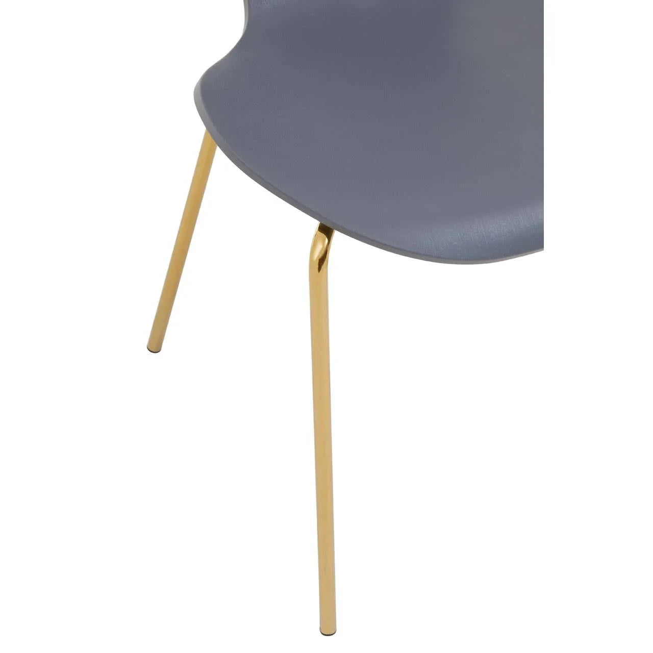 Grey dining chair with curved seat and gold metal legs, close-up angle