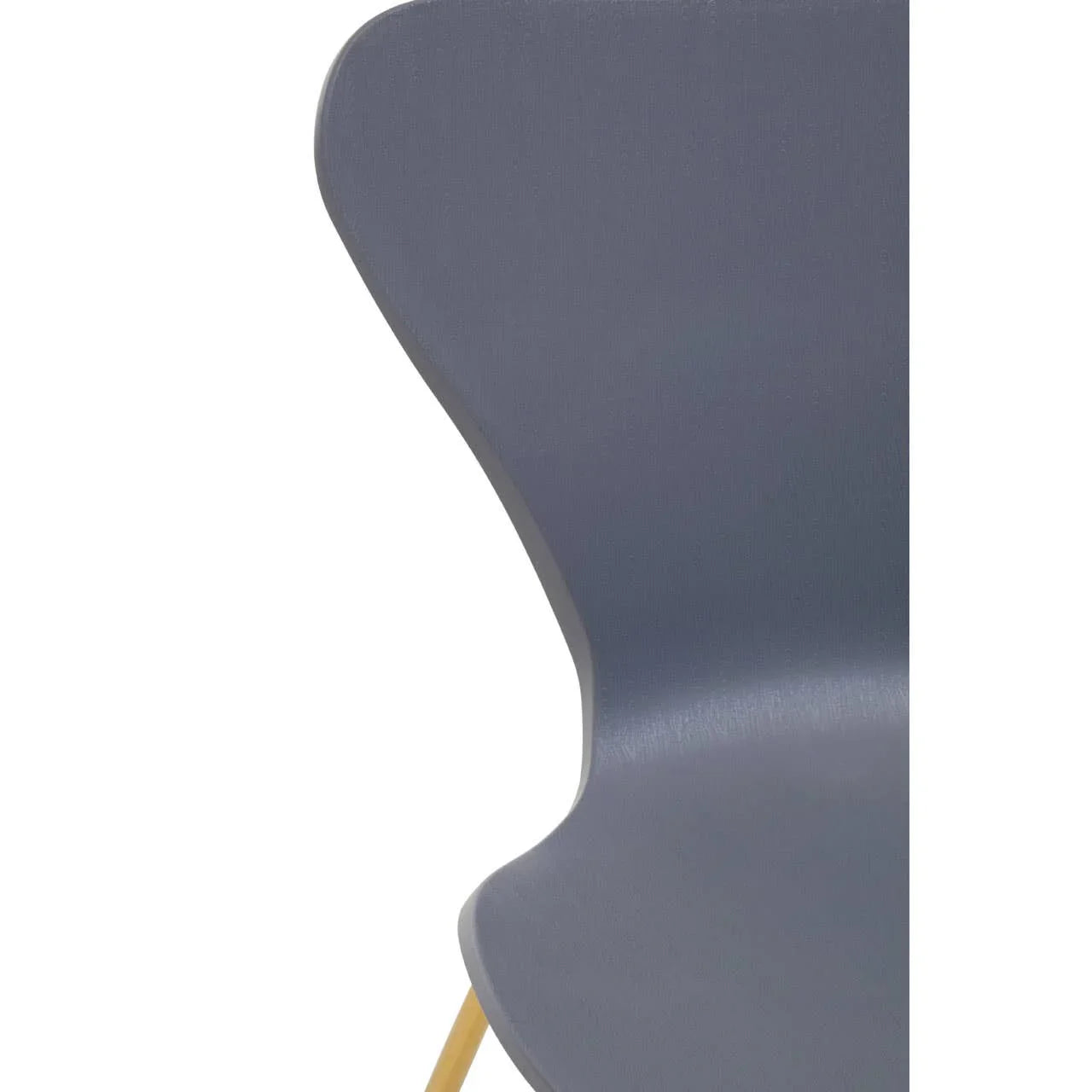 Close up of grey dining chair curved backrest with wooden leg detail