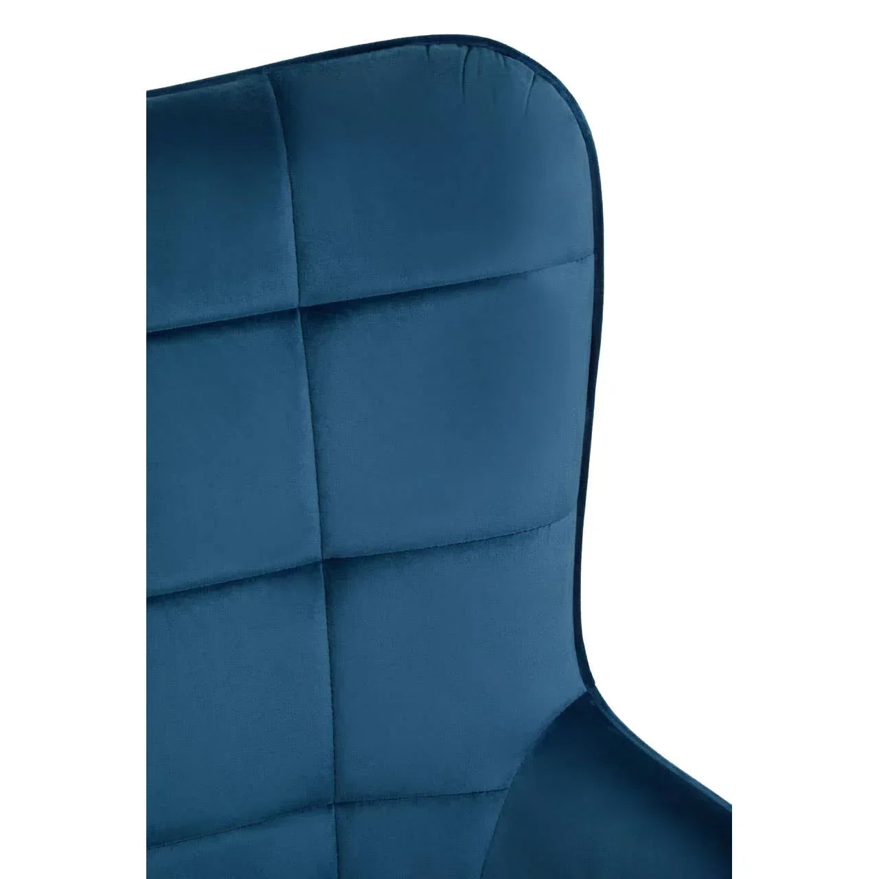 Close-up of blue velvet chair backrest with grid stitching detail