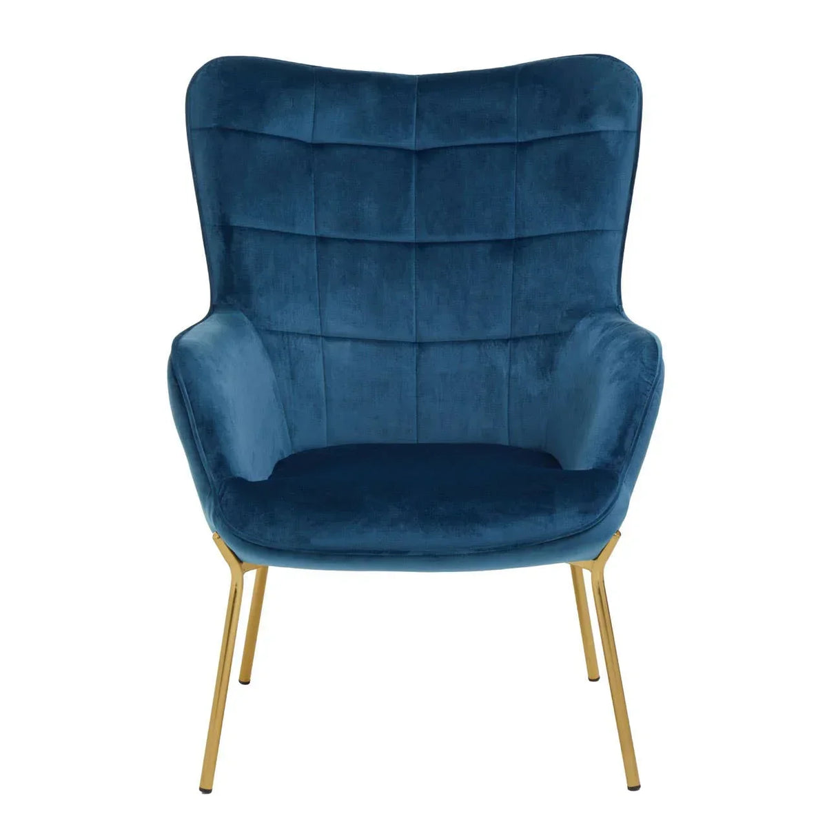 Blue velvet accent chair with gold metal legs, front view