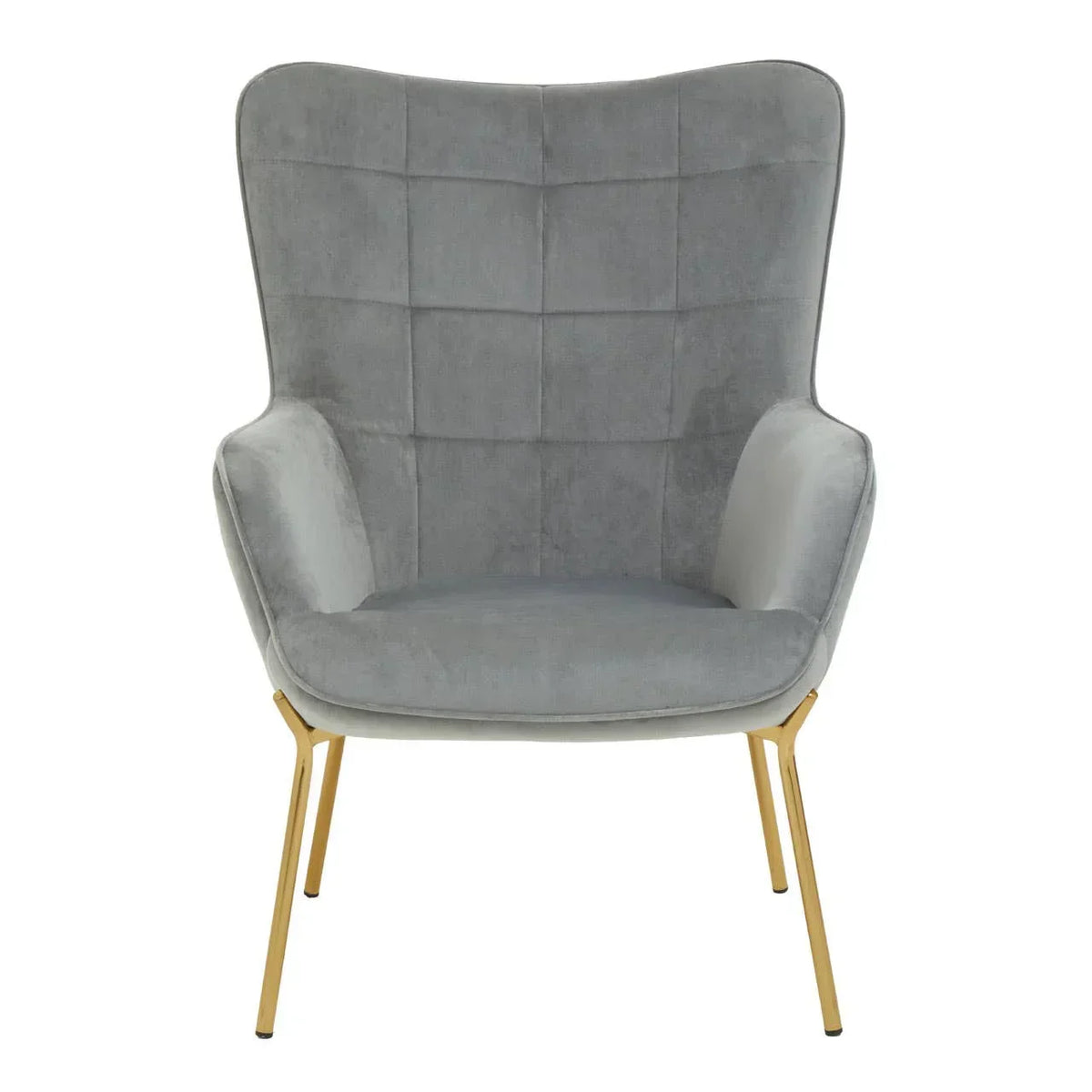 Grey velvet accent chair with gold legs and high backrest, front view