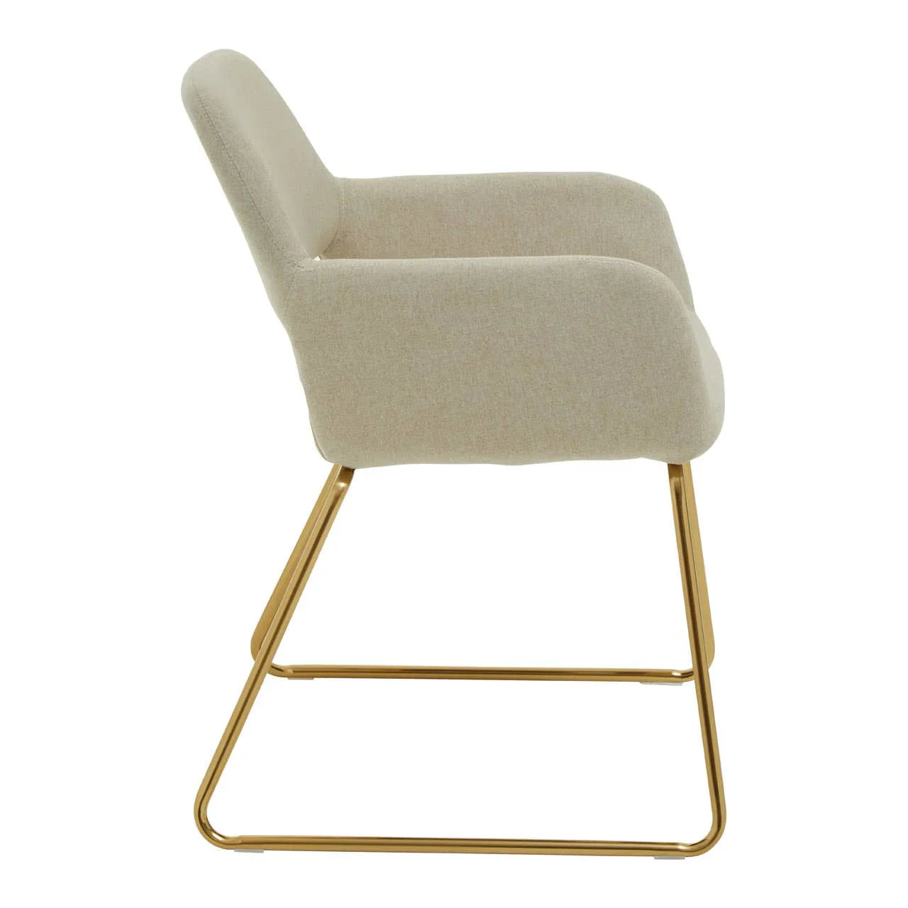Beige upholstered dining chair with gold metal sled base side view
