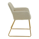 Beige upholstered dining chair with gold metal sled base side view