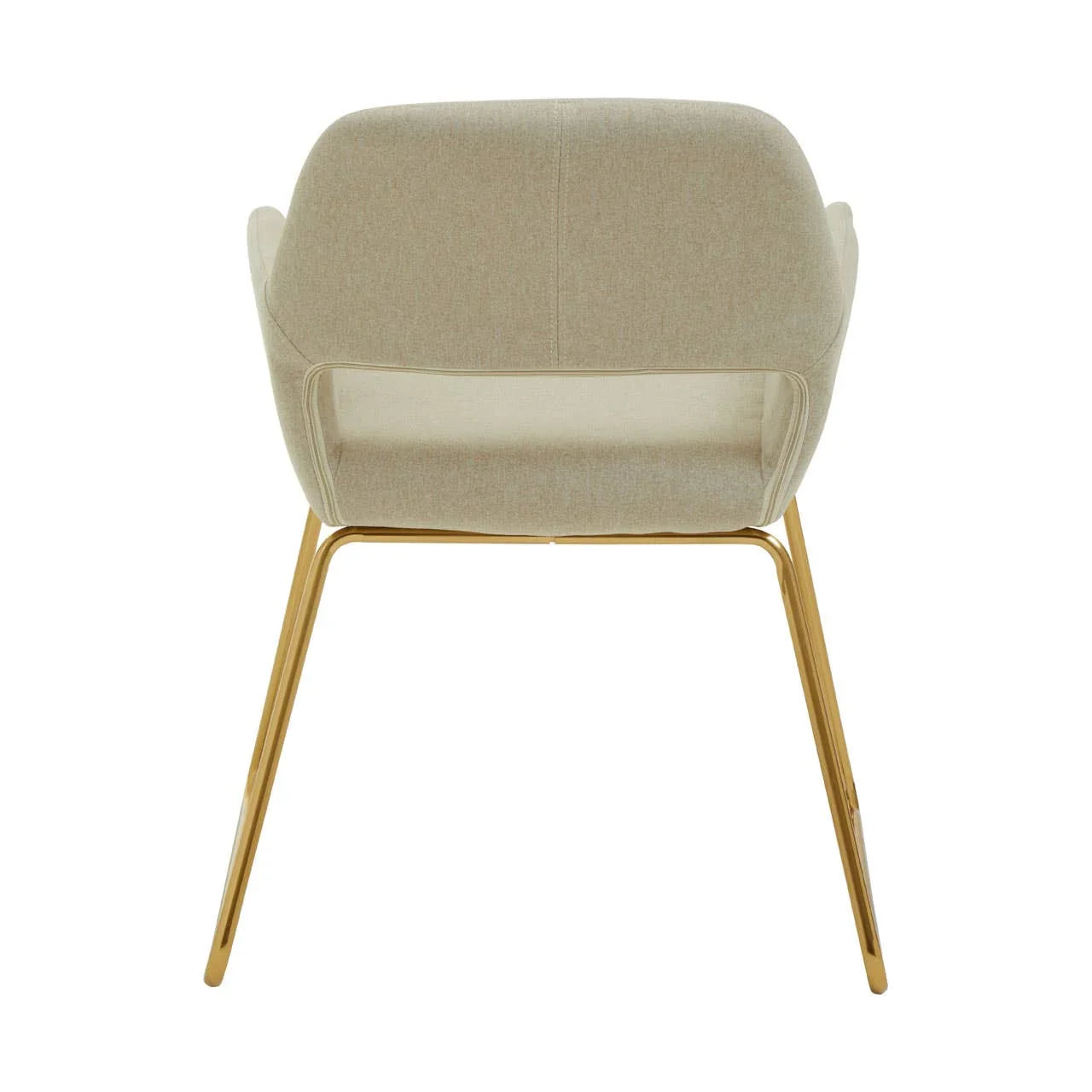 Beige fabric dining chair with gold metal legs, rear view