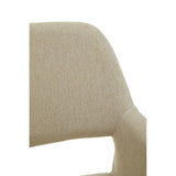 Beige fabric dining chair backrest and stitching detail closeup