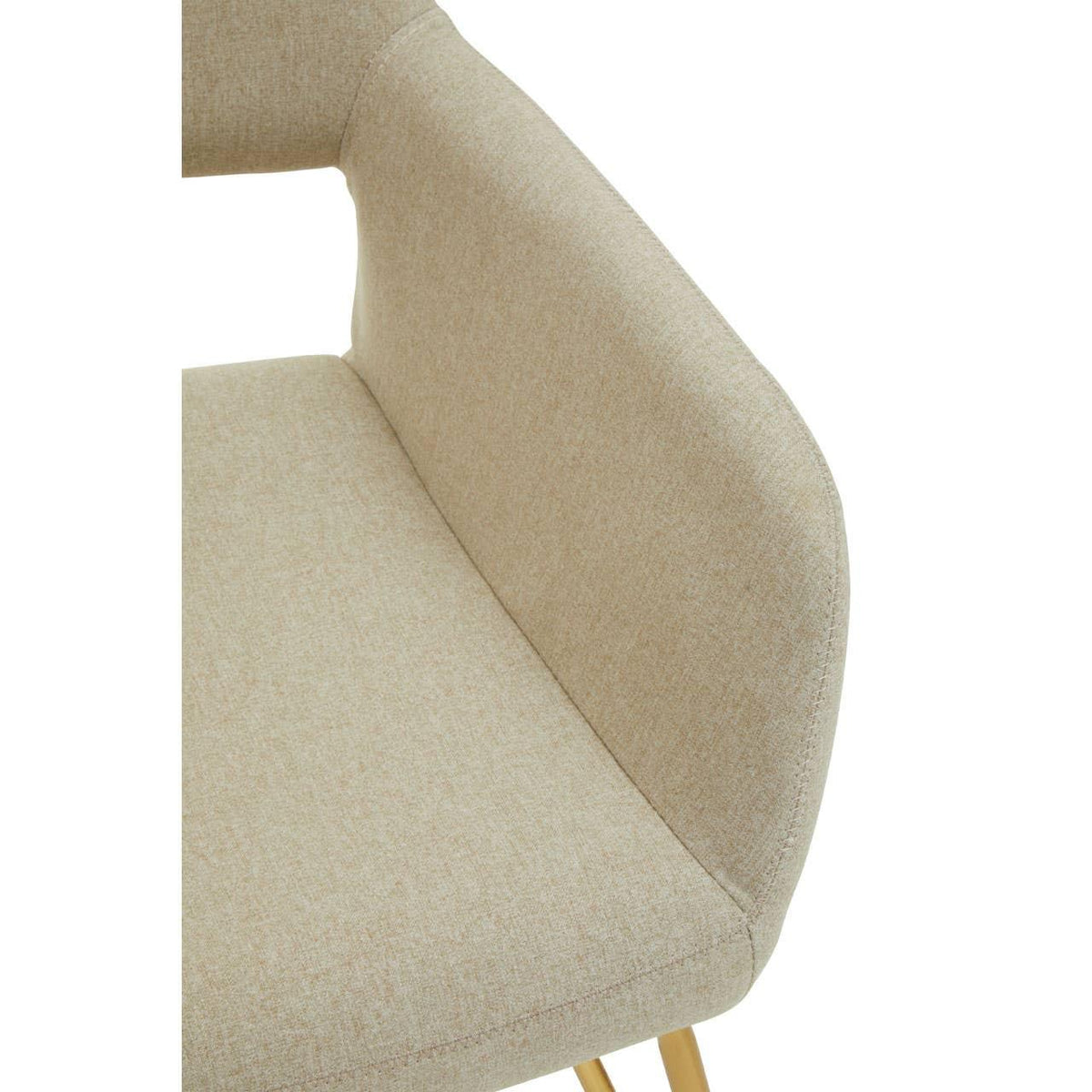 Beige fabric dining chair with curved backrest and light wooden legs, closeup view