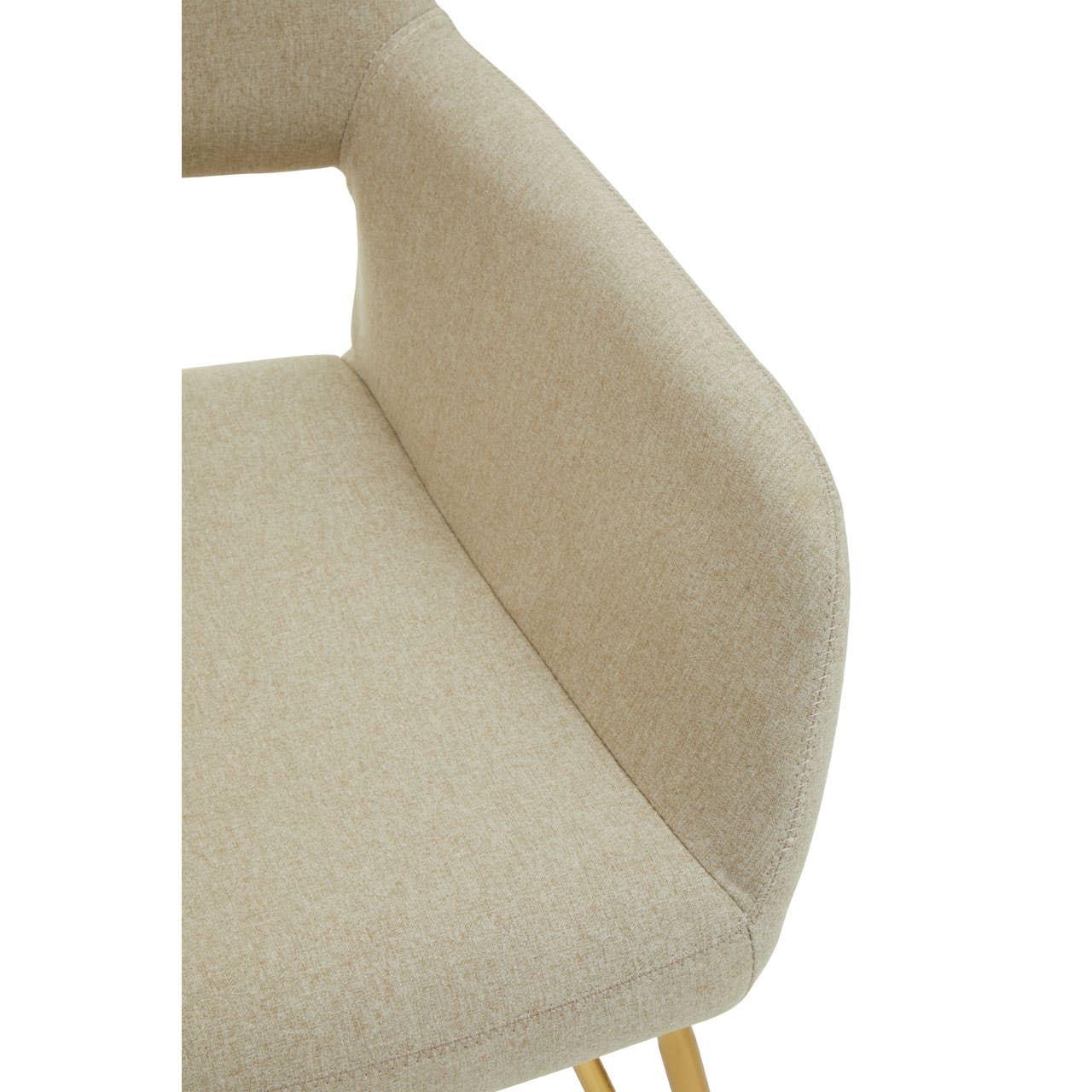 Beige fabric dining chair with curved backrest and light wooden legs, closeup view