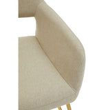 Beige fabric dining chair with curved backrest and light wooden legs, closeup view