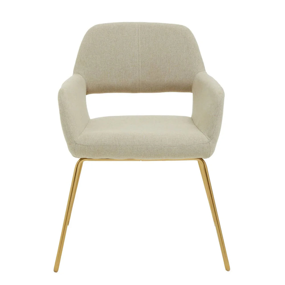 Beige fabric dining chair with gold metal legs, front view
