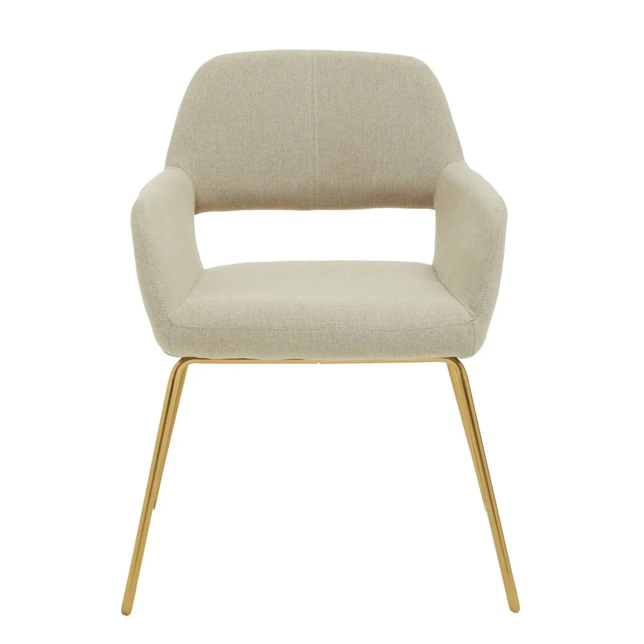 Beige fabric dining chair with gold metal legs, front view