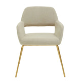 Beige fabric dining chair with gold metal legs, front view