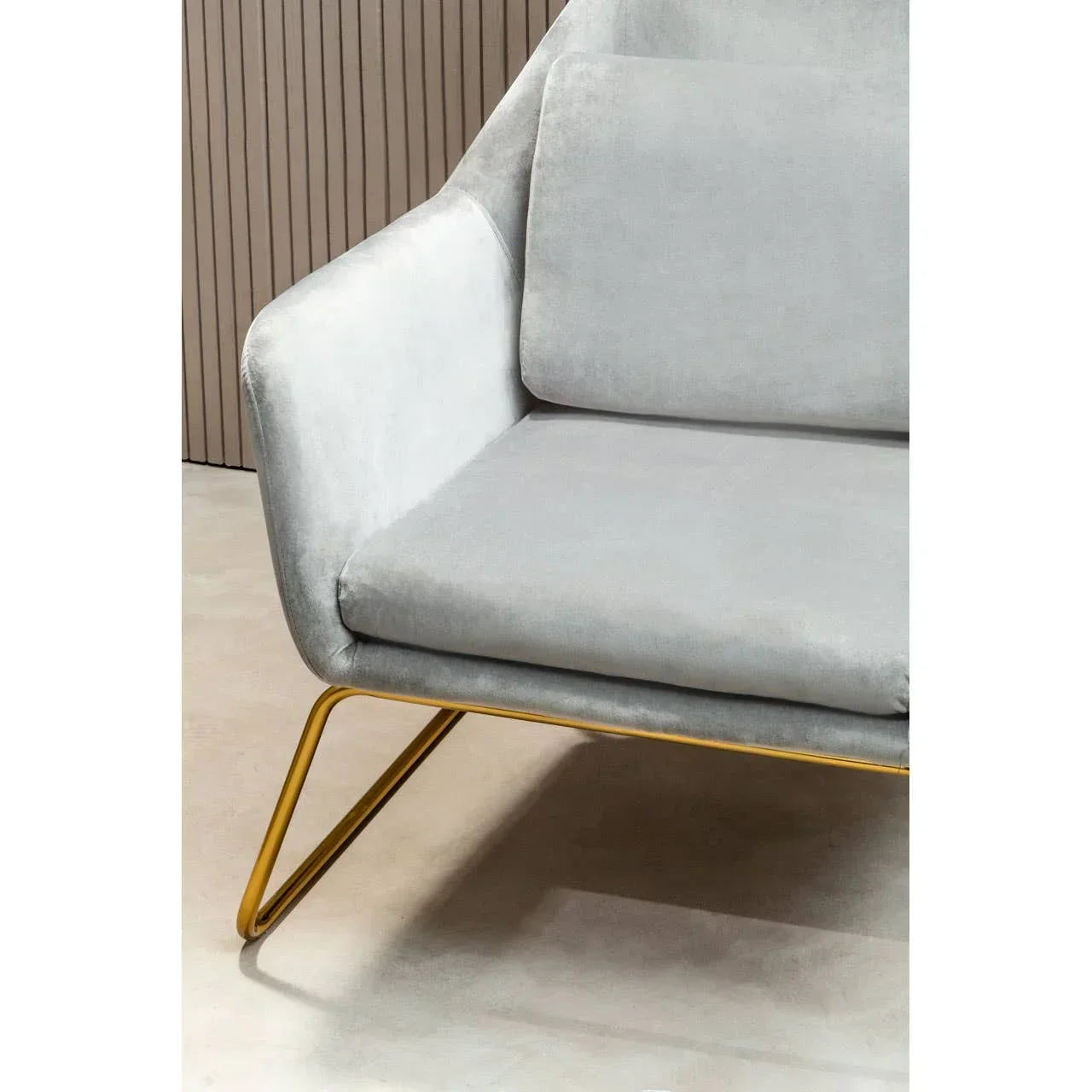 Light grey velvet armchair with gold metal legs, partial side view