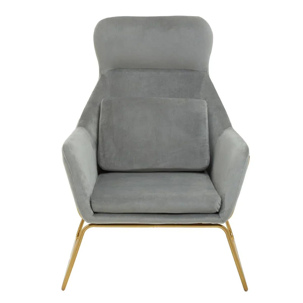Grey velvet accent chair with gold metal legs and plush cushions, front view